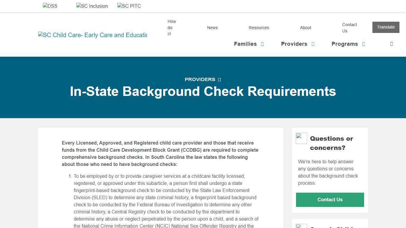 In-State Background Check Requirements - SC Child Care Services