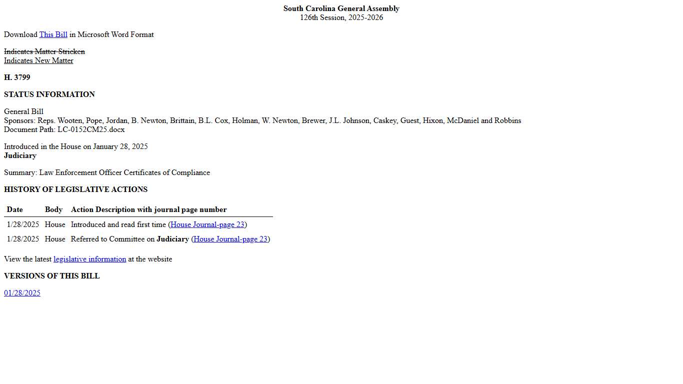 2025-2026 Bill 3799: Law Enforcement Officer Certificates of Compliance - South Carolina Legislature Online