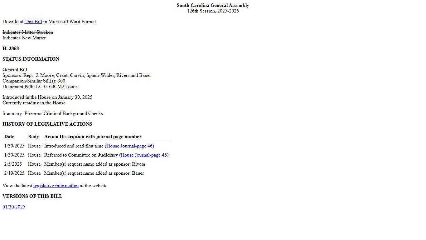 2025-2026 Bill 3868: Firearms Criminal Background Checks - South Carolina Legislature Online